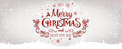 Glædelig jul og godt nytår billede med rød skrift, julemotiver og stjenreskær