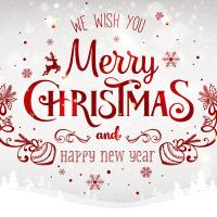 Glædelig jul og godt nytår billede med rød skrift, julemotiver og stjenreskær
